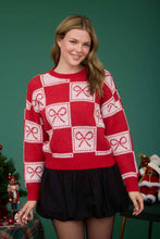 Load image into Gallery viewer, Red Checkered Bow Jacquard Crewneck Sweater