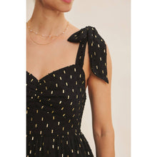 Load image into Gallery viewer, Black Ruched Foil Swiss Dot Maxi Dress