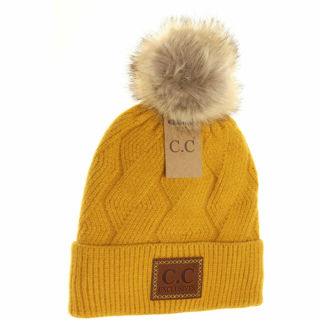 Geometric Knit Faux Fur Pom Beanie - Mustard