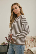 Load image into Gallery viewer, BUTTON HENLEY STRIPE LONG SLEEVE DROP SHOULDER SWEATER: BURGUNDY