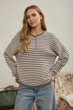 Load image into Gallery viewer, BUTTON HENLEY STRIPE LONG SLEEVE DROP SHOULDER SWEATER: BURGUNDY
