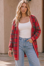 Load image into Gallery viewer, Red Plaid Open Front Knit Cardigan