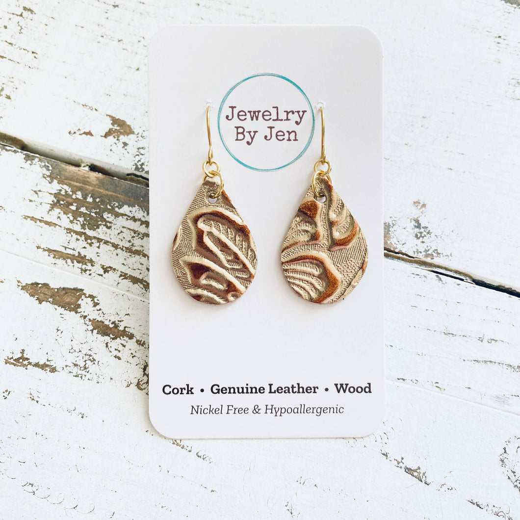 Small Teardrop: Light Gold & Copper Metallic Western Tooled
