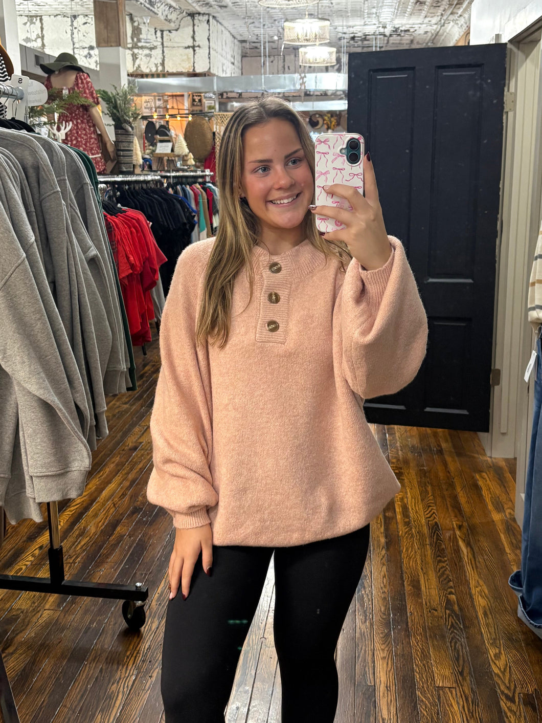 Ribbed Mock Neck Button Front Sweater Top