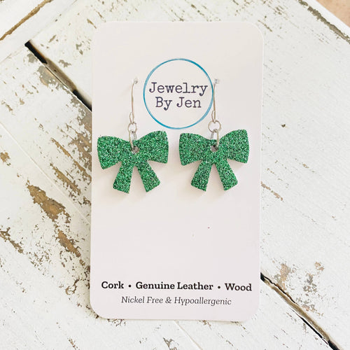 Bow Earrings: Green Fine Glitter