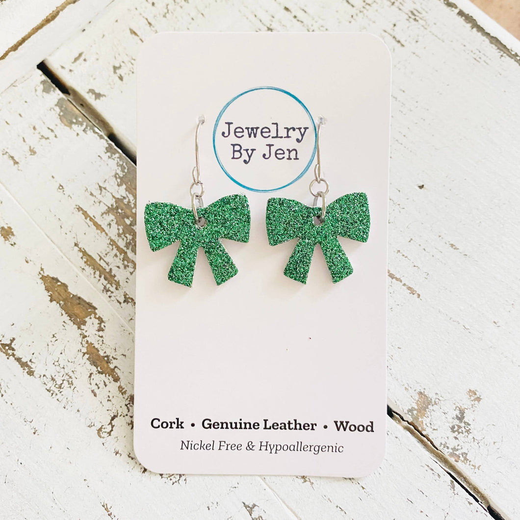 Bow Earrings: Green Fine Glitter