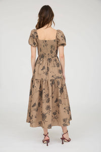 Khaki Floral Sweetheart Midi Dress
