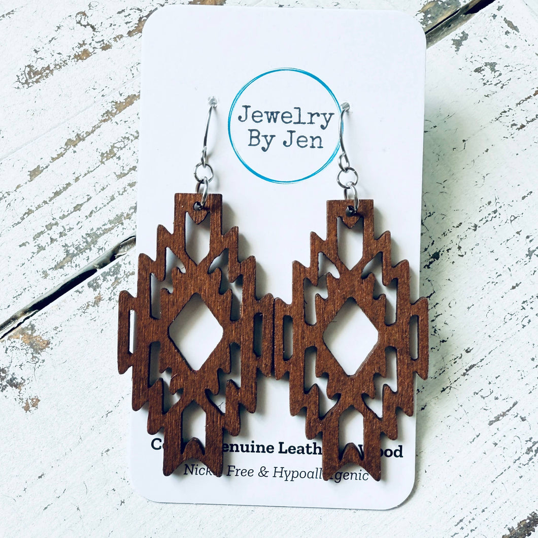 Wood Cutout Rhombus Earrings: Brown