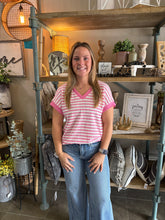 Load image into Gallery viewer, Pink Stripe Textured Contrast V Neck Top