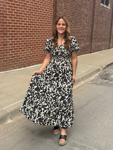 Black Floral Sq Neck Smocked Midi Dress