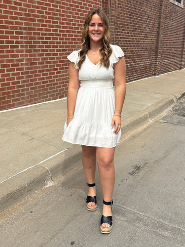 White V Neck Ruffle Dress