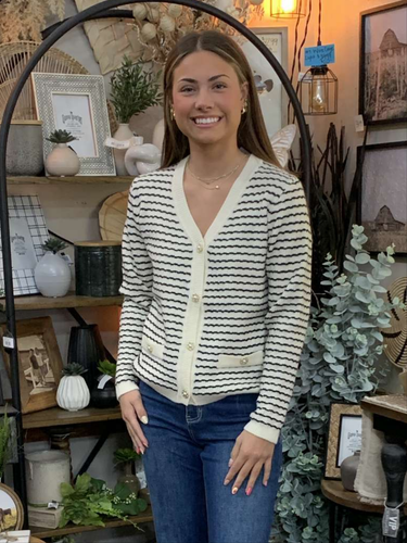 Black & Ivory V-Neck Button Up Cardigan