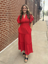 Load image into Gallery viewer, Red Notched Neck Maxi Dress