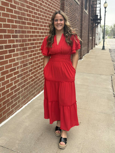 Red Notched Neck Maxi Dress