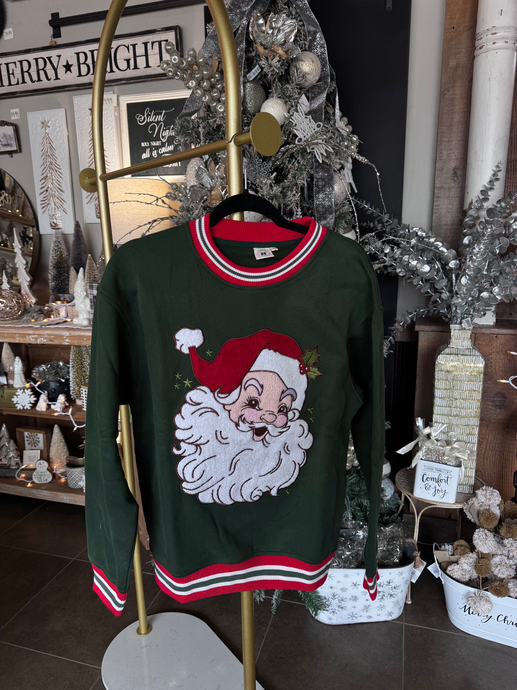 Embroidered Green Santa Face Crewneck
