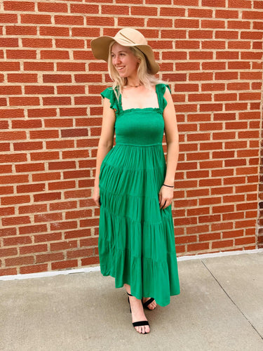 Kelly Green Smocked Tiered Maxi Dress