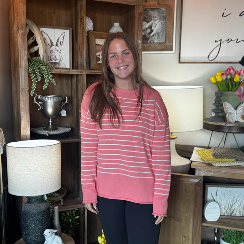 Pink Scoop Neck Striped Sweater