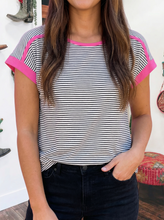 Load image into Gallery viewer, Black &amp; Pink Stripe Contrast Trim Round Neck Top