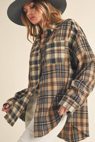 Tan & Blue Plaid High Low Oversized Flannel