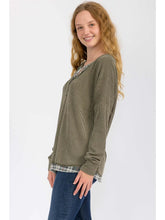 Load image into Gallery viewer, Olive Rib Knit Henley Top with Plaid Contrast Trim