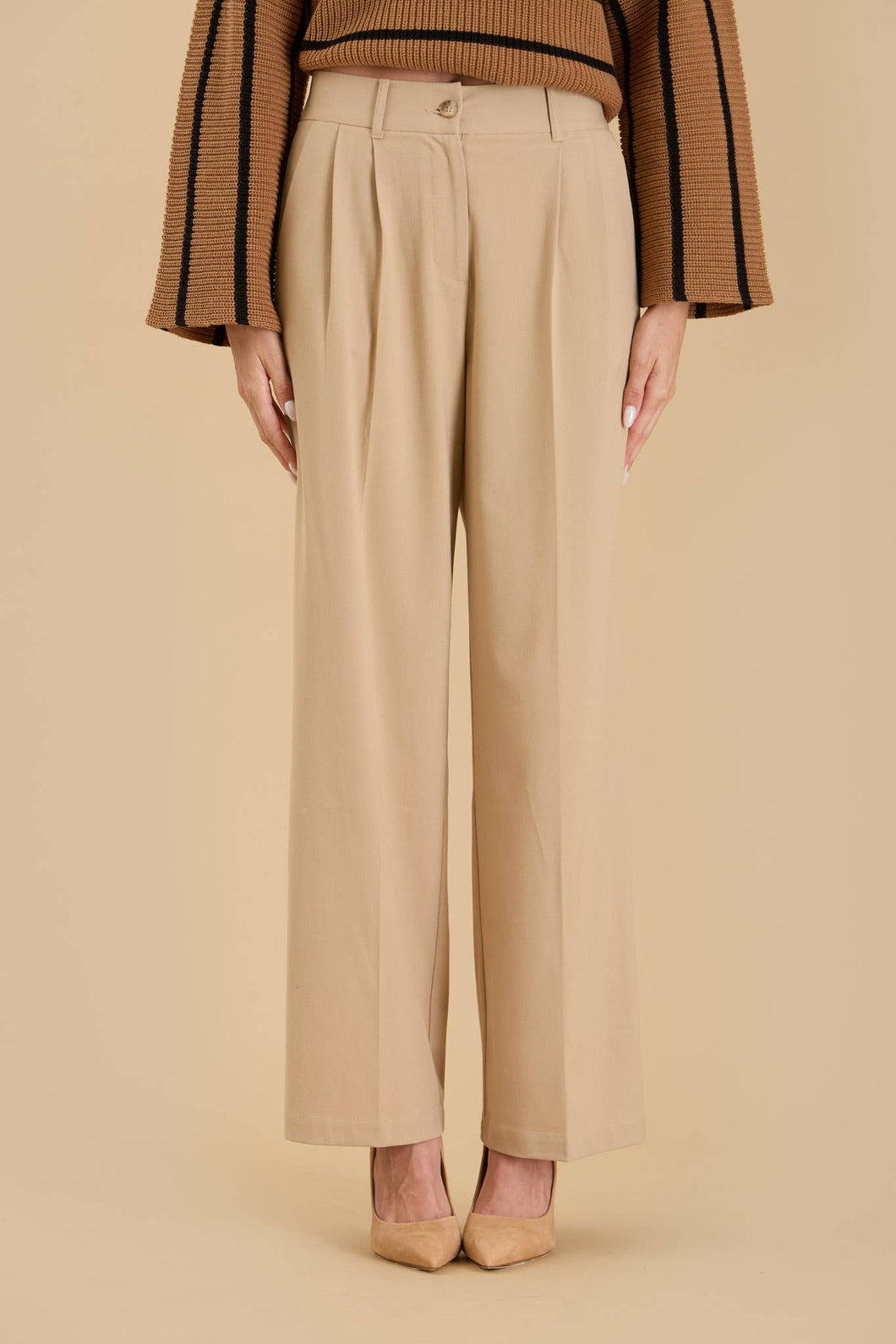 Khaki High Waist Pleated Dress Pant