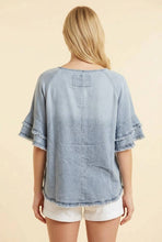 Load image into Gallery viewer, Fringed Tiered Sleeve Raglan Denim Top