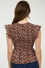 Load image into Gallery viewer, Burgundy Floral Smocked Ruffle Top