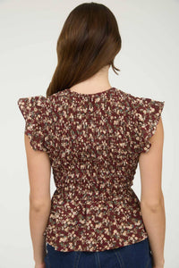Burgundy Floral Smocked Ruffle Top