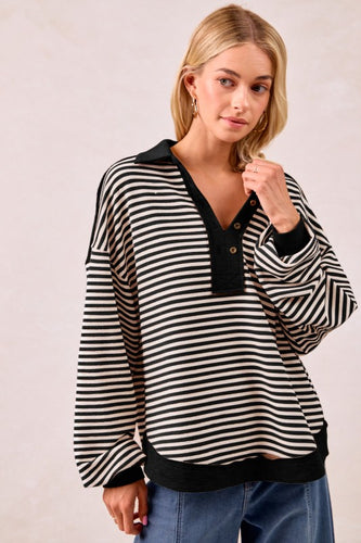 Black Slub Knit And Stripes Mix And Match Collared Top