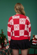 Load image into Gallery viewer, Red Checkered Bow Jacquard Crewneck Sweater