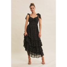 Load image into Gallery viewer, Black Ruched Foil Swiss Dot Maxi Dress