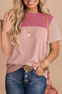Pink Rib Textured Colorblock Top