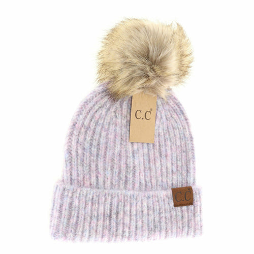 Soft Ribbed Fur Pom C.C Beanie - Lavender Multi