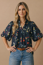 Load image into Gallery viewer, Navy Notch Neck Floral Empire Waist Woven Top