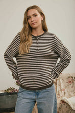 Load image into Gallery viewer, BUTTON HENLEY STRIPE LONG SLEEVE DROP SHOULDER SWEATER: BURGUNDY