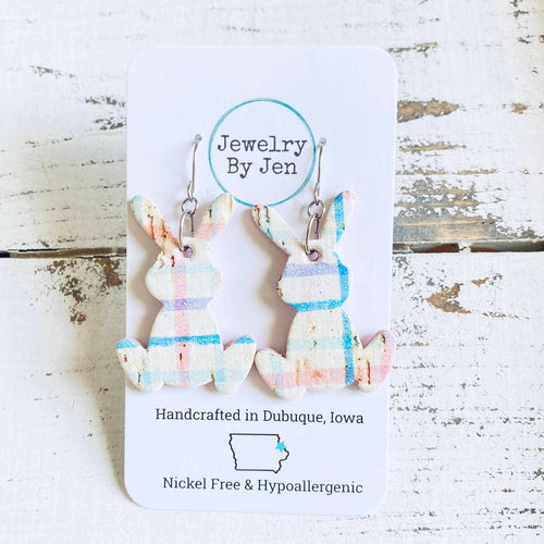 Easter Bunny Earrings: Spring Plaid Cork