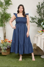 Load image into Gallery viewer, Dark Denim Ruffle Smocked Midi Dress