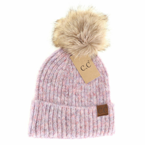 Soft Ribbed Fur Pom C.C Beanie in Cotton Candy Multi