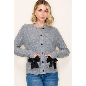 Grey Bow Button Down Cardigan