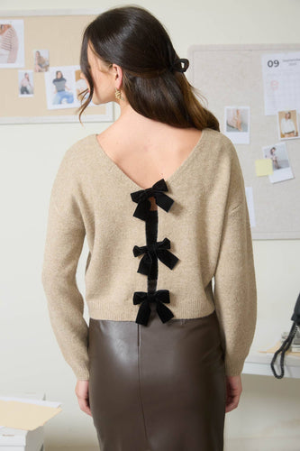 Oatmeal Back Velvet Bow Sweater