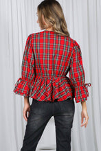 Load image into Gallery viewer, Front Tie Deep V-Neck Ruffle Plaid Top