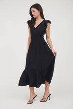 Load image into Gallery viewer, Black Ruffle Shirred Waist Midi Dress