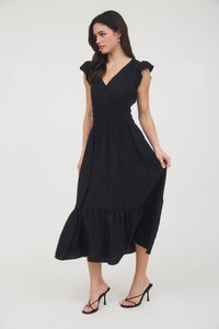 Black Ruffle Shirred Waist Midi Dress