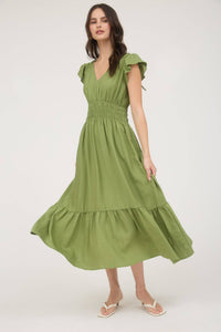 Black Ruffle Shirred Waist Midi Dress