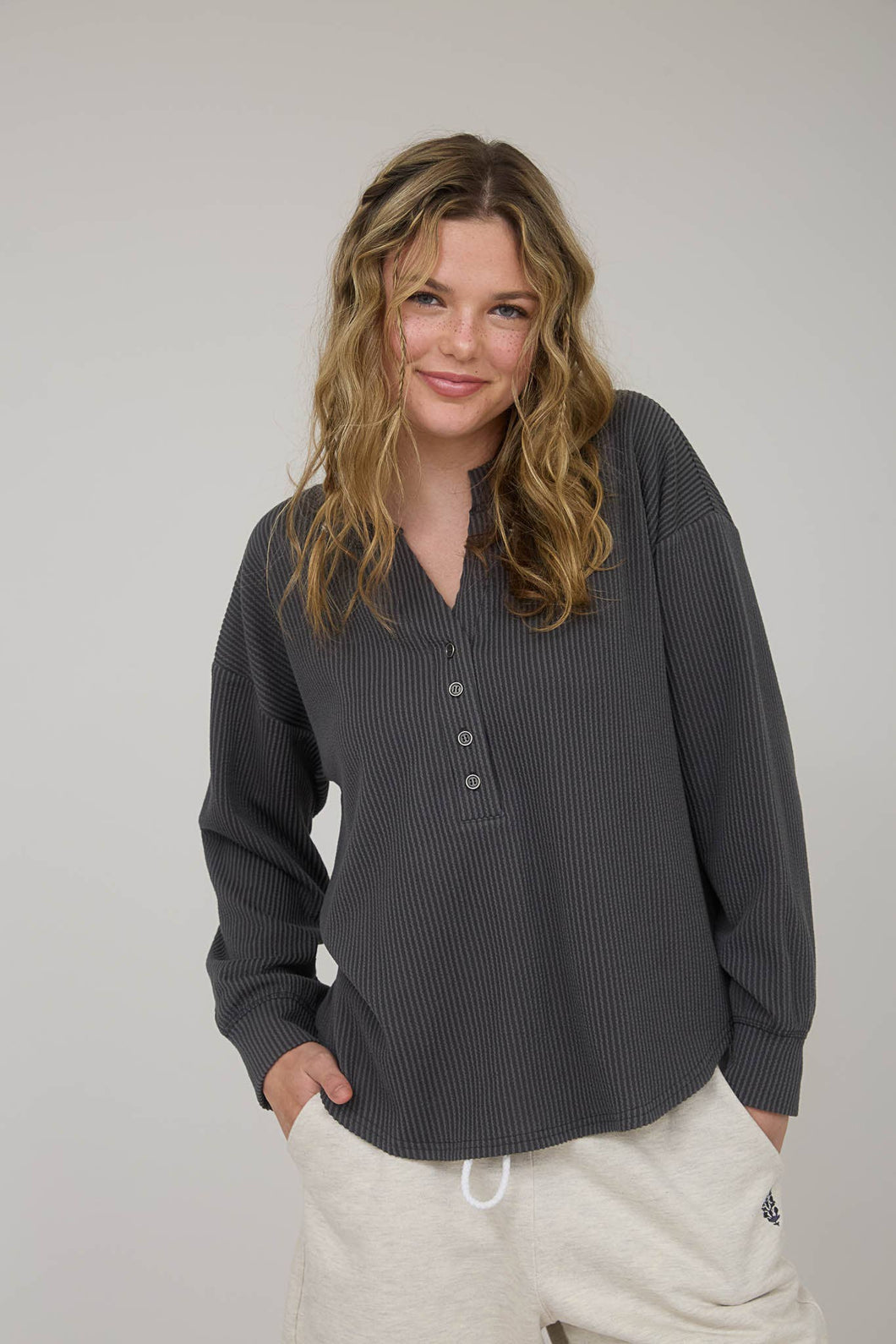 Charcoal Washed Ribbed Henley Top