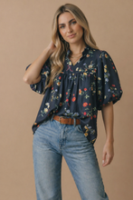 Load image into Gallery viewer, Navy Notch Neck Floral Empire Waist Woven Top