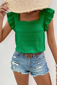 Green Square Collar Ruffle Tank
