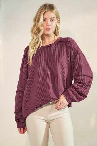 Burgundy Long Sleeve Rib Top