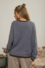 Load image into Gallery viewer, BUTTON HENLEY STRIPE LONG SLEEVE DROP SHOULDER SWEATER: BURGUNDY