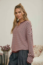 Load image into Gallery viewer, BUTTON HENLEY STRIPE LONG SLEEVE DROP SHOULDER SWEATER: BURGUNDY